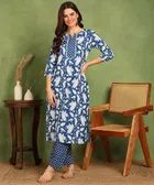 Rayon Printed Kurti with Pant for Women (Blue, S)