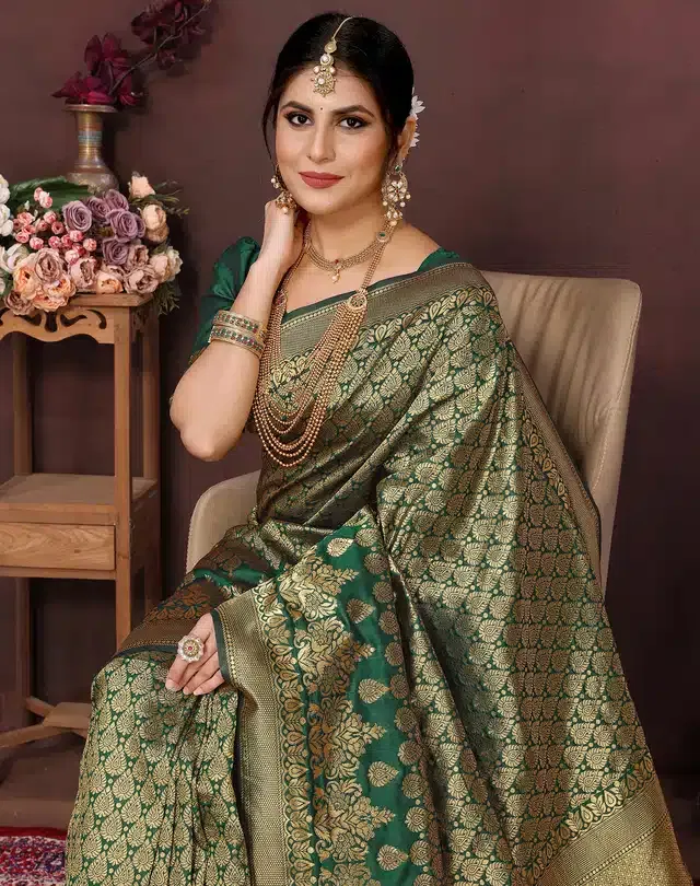 Banarasi Silk Zari Woven Saree for Women (Green, 6 m)