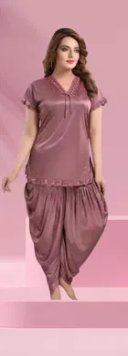 Satin Solid Nightsuit for Women (Peach, L)