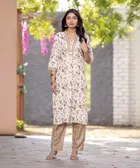 Cotton Blend Floral Print Kurta with Pant for Women 