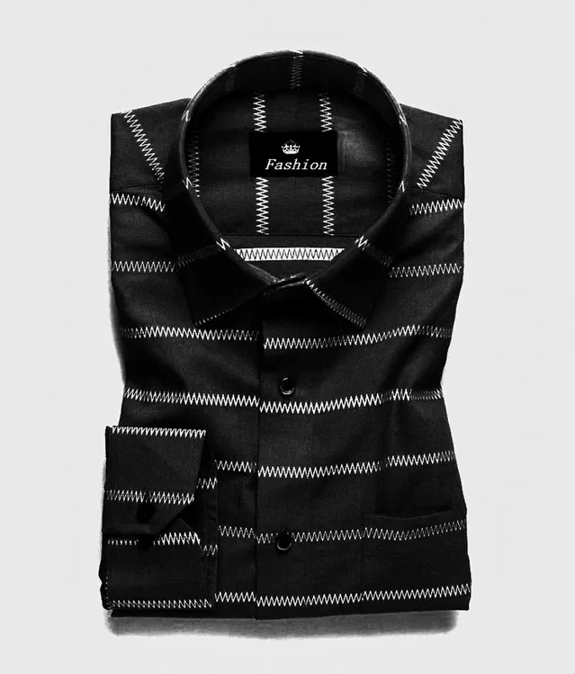 Full Sleeves Striped Shirt for Men (Black, XXL)
