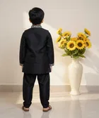 Silk Blend Printed Kurta,Waistcoat & Payjama Set For Boys, Black 
