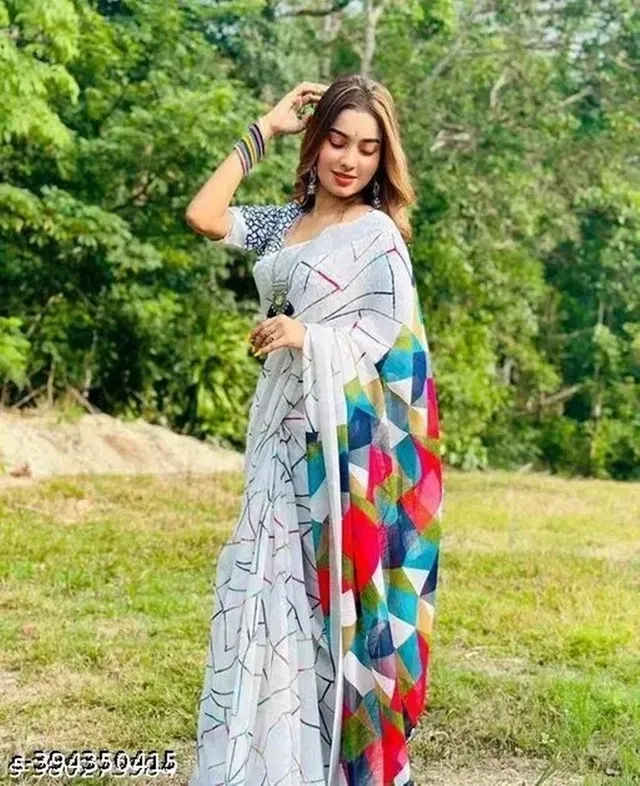 Cotton Linen Printed Saree for Women (Multicolor, 6.3 m)