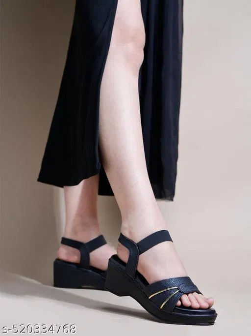 Shoetopia Solid Black Round Toe Heel Sandals (Size: IND-5)