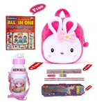 Combo of Kids Cartoon Bag Backpack, All In One Book, Water Bottle & Gift Set Geometry Set 