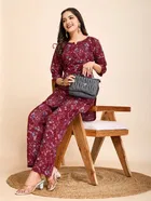 Georgette Printed Kurti With Pant & Dupatta for Women, Maroon 