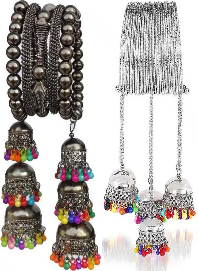 Alloy Oxidised Bracelet for Women & Girls (Black & Silver, Pack of 2)