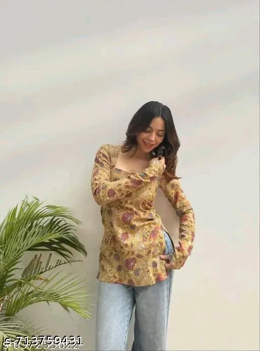 Rayon Printed Short Kurti for Women, Brown (S)