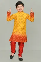 Dupion Silk Printed Kurta with Payjama for Boys, Yellow & Red 