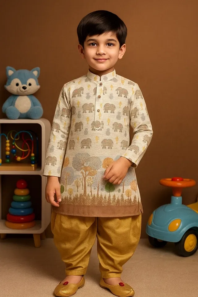 Cotton Blend Printed Kurta with Dhoti for Boys, Brown & Golden (4-5 Years)