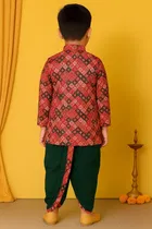 Cotton Printed Kurta with Dhoti for Boys, Red & Green  