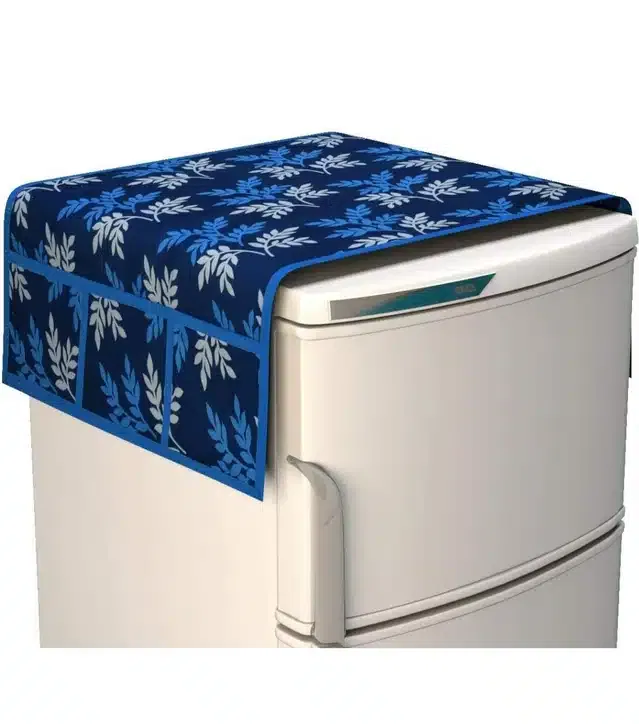 Knit Printed Fridge Top Cover with Side Pockets (Blue)