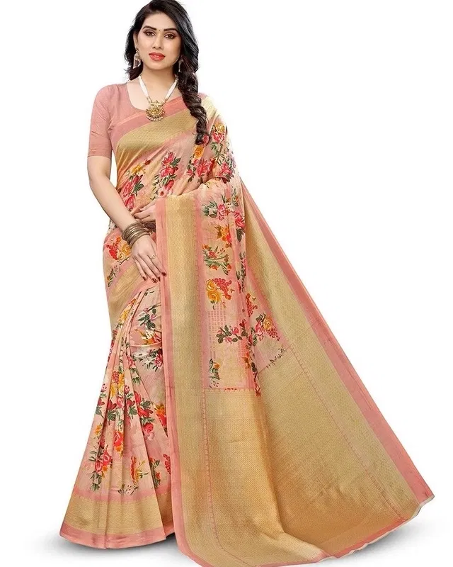 Art Silk Floral Print Saree for Women (Pink)