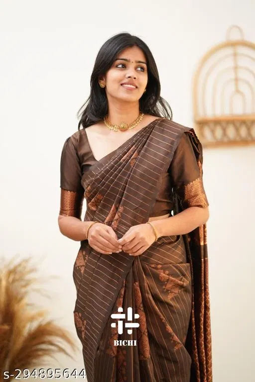 Soft Banarasi Silk Saree for Women (Brown, Free Size)
