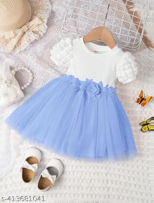 Net Frock for Girls (White & Sky Blue, 6-9 Months)