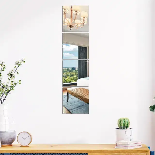 Acrylic Square Shaped Wall Mirror Stickers (Silver, Pack of 4)