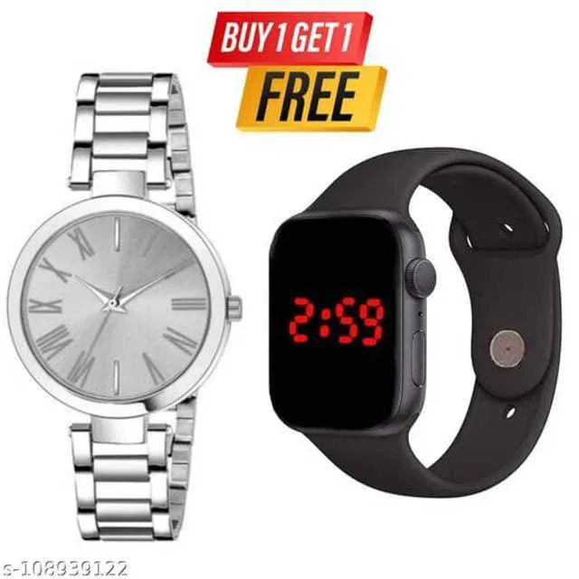 Royal Enterprise Unisex LED Watches (Pack of 2) (Black & Silver) (RE-116)