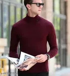 Wool Solid Hi-Neck Sweater for Men, Maroon 