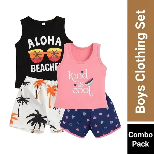 Cotton Blend Printed Clothing Set for Boys, Combo Pack of 2, Black & Peach & Blue, 6-12 Months