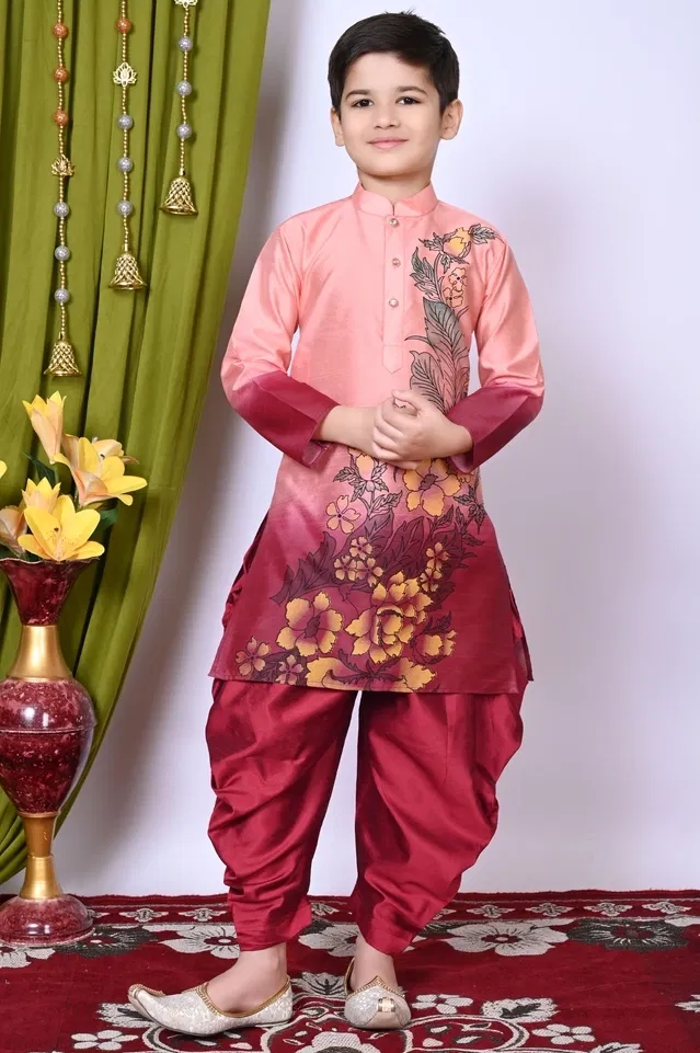 Dupion Silk Printed Kurta with Dhoti for Boys, Peach & Red (1-2 Years)