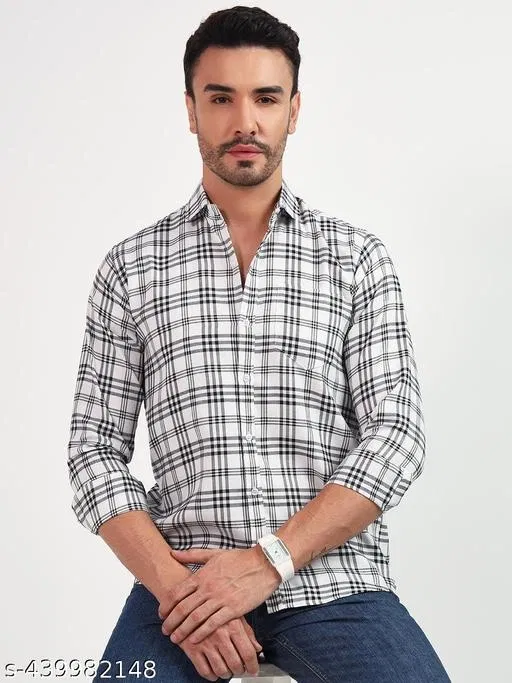 Polycotton Checked Shirts for Men, White (M)