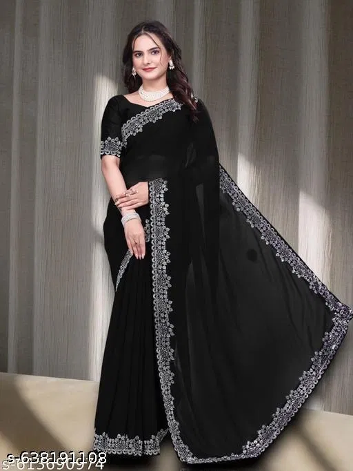 Georgette Solid Saree for Women, Black (6.3 m)
