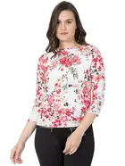 Cotton Printed Top for Women (White & Pink, S)