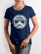 Cotton Round Neck Printed T-Shirt for Women (Navy Blue, XL)