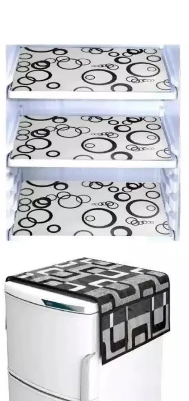 Knit Printed Fridge 3 Pcs Mat with Top Cover (Black, Set of 1)