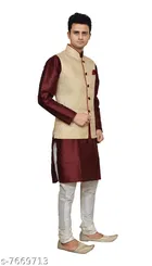 Dupion Silk Solid Kurta with Pyjama & Jacket for Men 