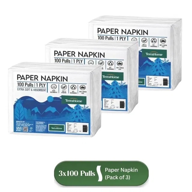 TerraHome Large Tissue Paper Napkins, 1 Ply, 27x30cm [3x100 Pieces] (Pack of 3)