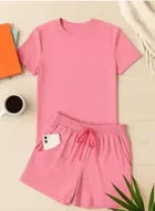 Cotton Blend Solid Top & Bottom Set for Women, Pink 