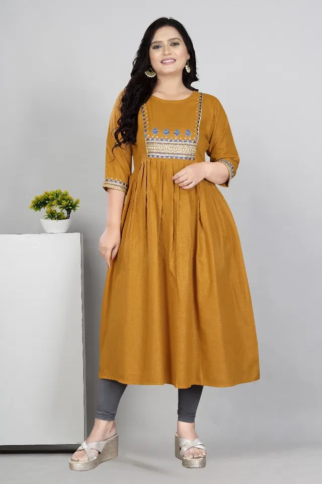 Zari Embroidered Cotton Blend Anarkali Kurti for Women (Yellow, XXL)