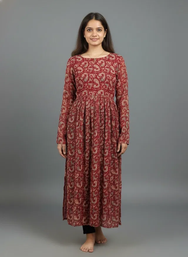 Kalamkari Print Naira Kurti for Women (Red, XL)