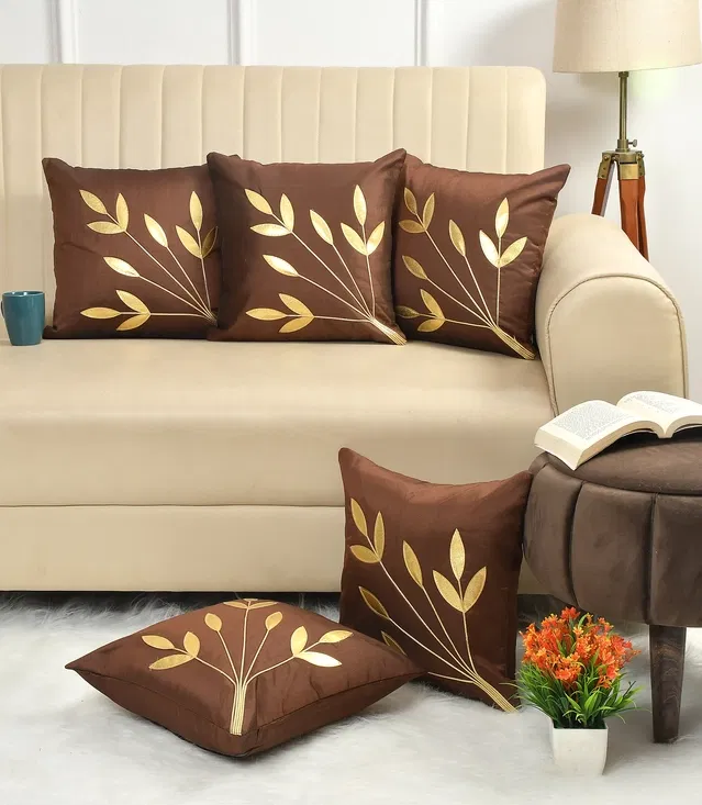 Jute Printed Cushion Covers (Brown & Gold, 16x16 inches) (Pack of 5)
