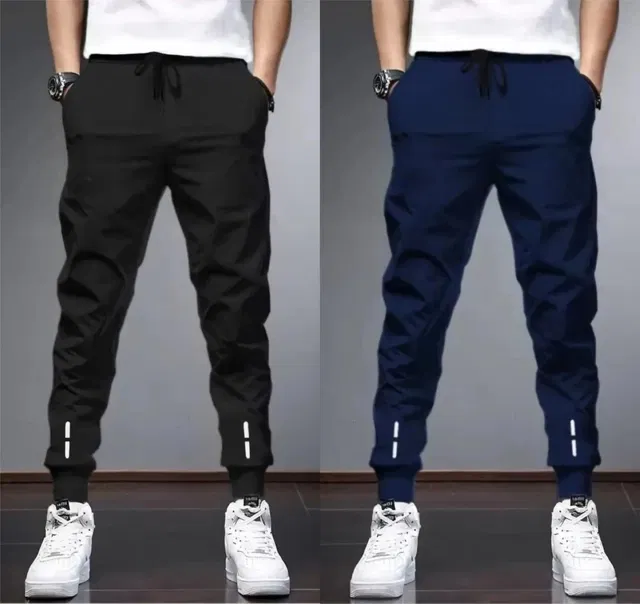 Polyblend Printed Trackpants for Men, Navy Blue & Black, Pack of 2 (M)