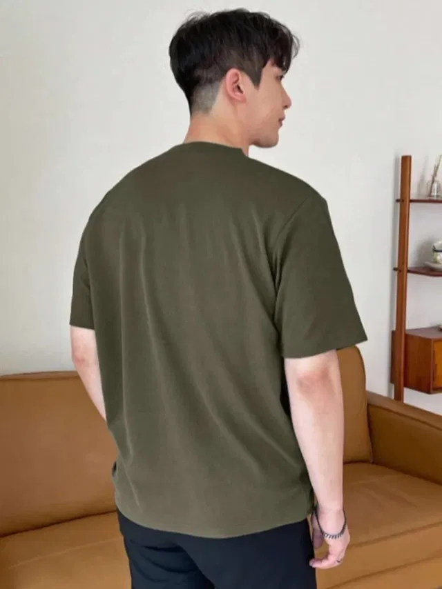 Round Neck Solid T-Shirt for Men (Olive,M)