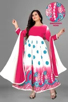 Jute Silk Printed Anarkali Kurti with Dupatta for Women (Pink & White, S)