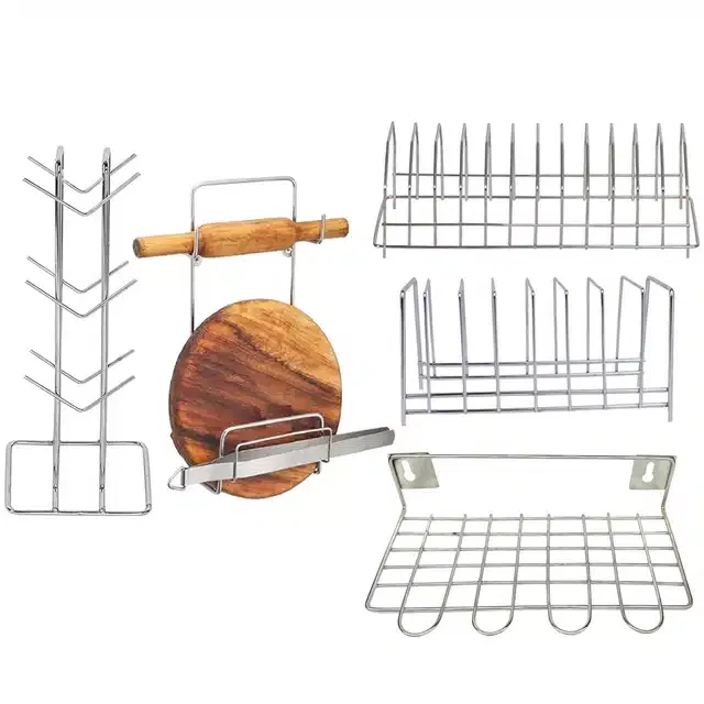 Stainless Steel Cup Stand & 2 Pcs Plate Stand with Utensil Holder & Chakla Belan Stand (Set of 5, Silver)