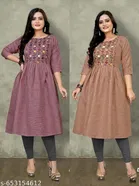 Solid Embroidered Cotton Kurti for Women, Pack of 2 