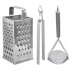 Oc9 स्टेनलेस स्टील 4 in 1 स्लाइसर एंड ग्रेटर & रोटी चिमटा & पोटैटो मेशर फॉर किचन टूल सेट