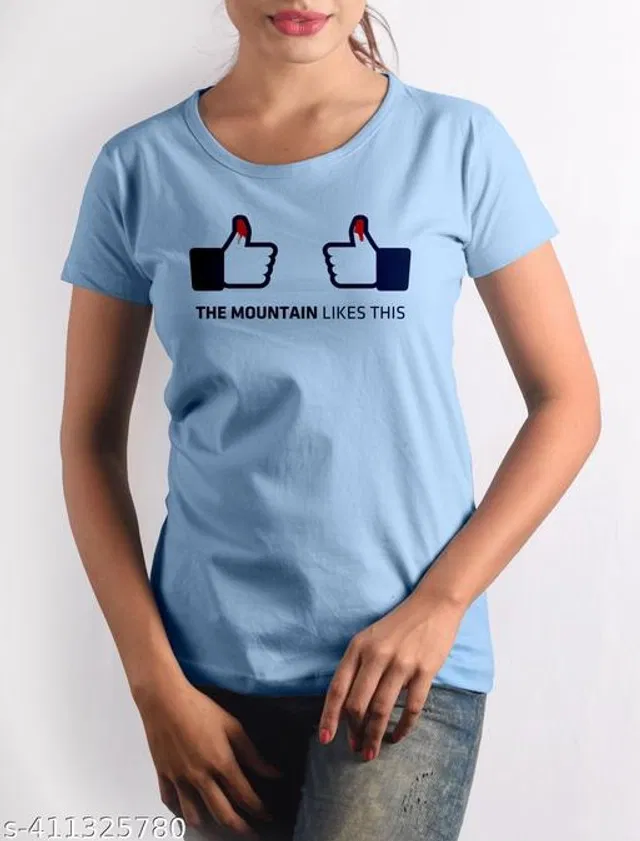 Cotton Round Neck Printed T-Shirt for Women (Sky Blue, XL)