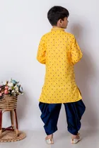 Cotton Blend Printed Kurta with Dhoti for Boys, Yellow & Blue 