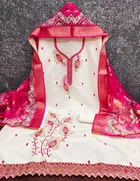 Cotton Silk Embellished Unstitched Suits Fabric for Women, White & Pink