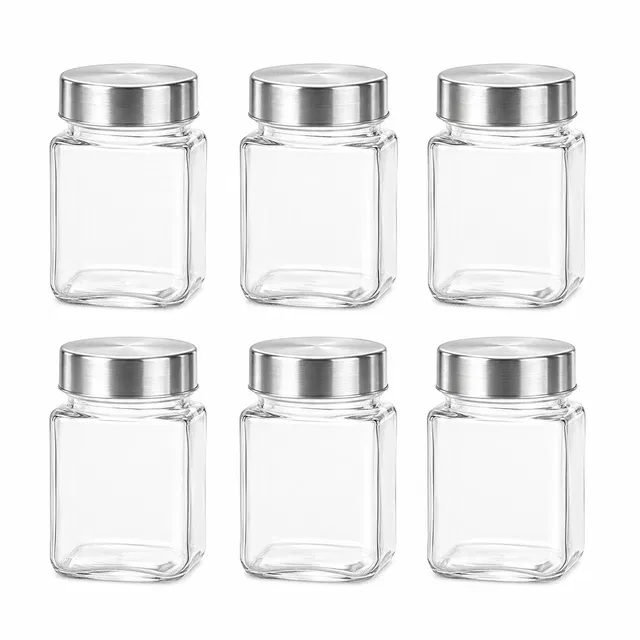 Afast Clear glass cubic jar with steel cap 500ml (Pack of 6 )