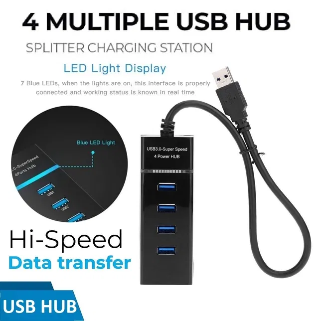 Hi-Speed Data Transfer Portable 4 Ports 3.0 USB HUB (Black)