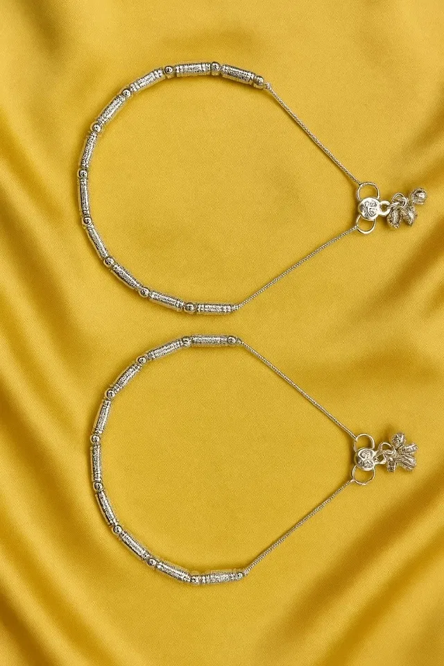 Silver Plated Beaded Anklet for Women & Girls, Silver, Set of 1