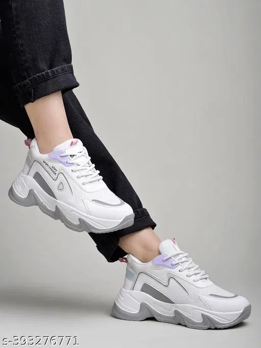 Solid Mesh Sneakers for Women (White, IND-8)