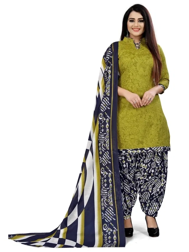 Cotton Printed Unstitched Suits Fabric for Women (Green & Navy Blue)
