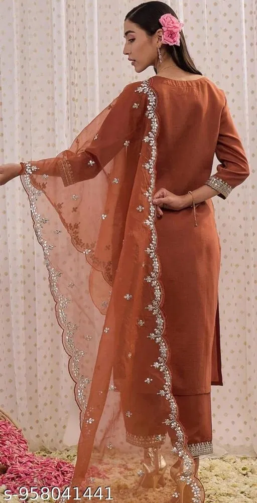 Designer Kurti Pant Set for Women (Orange, XXL)
